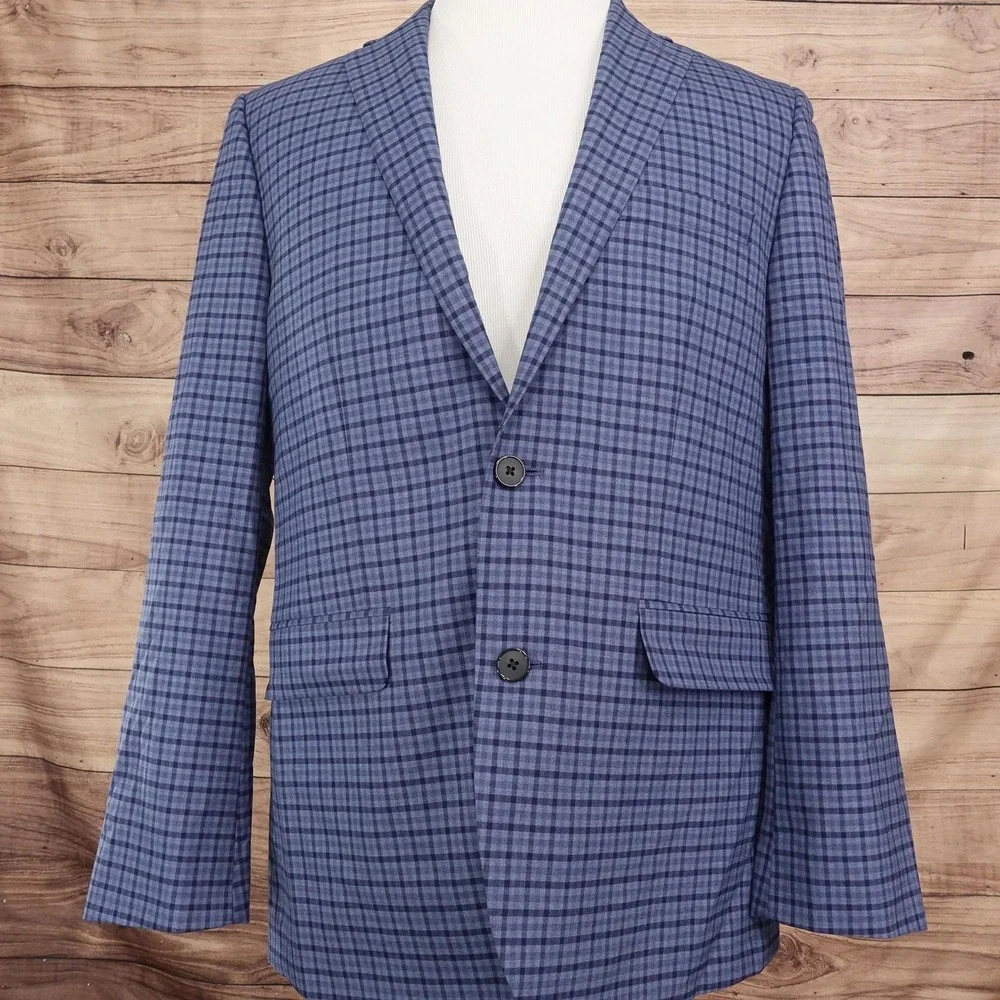 APT.9 Blazer Mens 40R Blue Plaid Polyester Viscose Stretch Sport Coat Jacket
